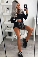 Black Denim Long Sleeve Belted Playsuit - Jasslyn-Playsuits