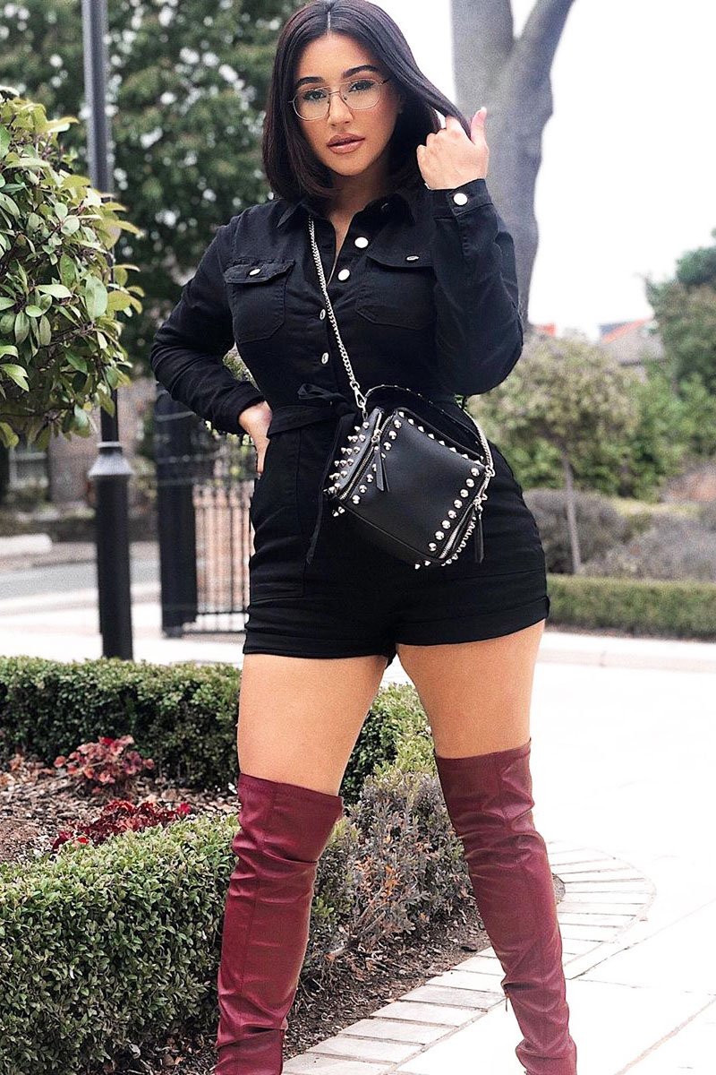 Black Denim Long Sleeve Belted Playsuit - Jasslyn-Playsuits
