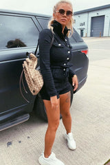 Black Denim Long Sleeve Belted Playsuit - Jasslyn-Playsuits