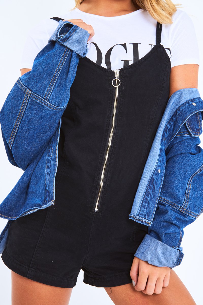 Black Denim Plunge Zip Front Playsuit - Tiona-Playsuits