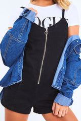 Black Denim Plunge Zip Front Playsuit - Tiona-Playsuits