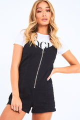 Black Denim Plunge Zip Front Playsuit - Tiona-Playsuits