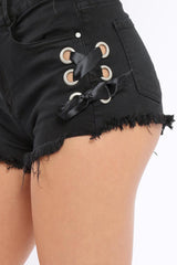 Black Denim Side Lace Up Eyelet Shorts - Aleda-Shorts