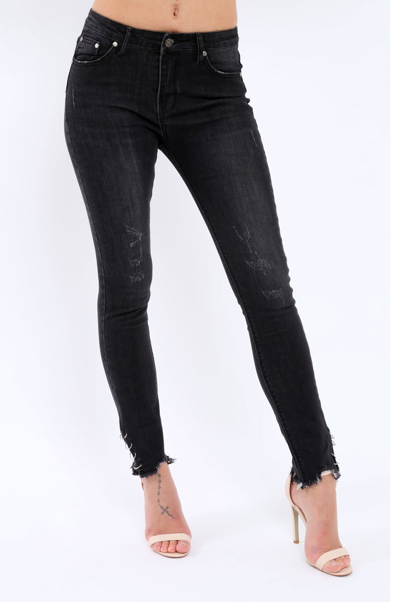 Black Denim Skinny Jeans with Frayed Eyelet Hems - Dani-Jeans