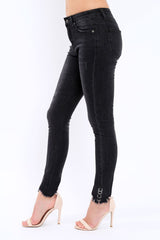 Black Denim Skinny Jeans with Frayed Eyelet Hems - Dani-Jeans