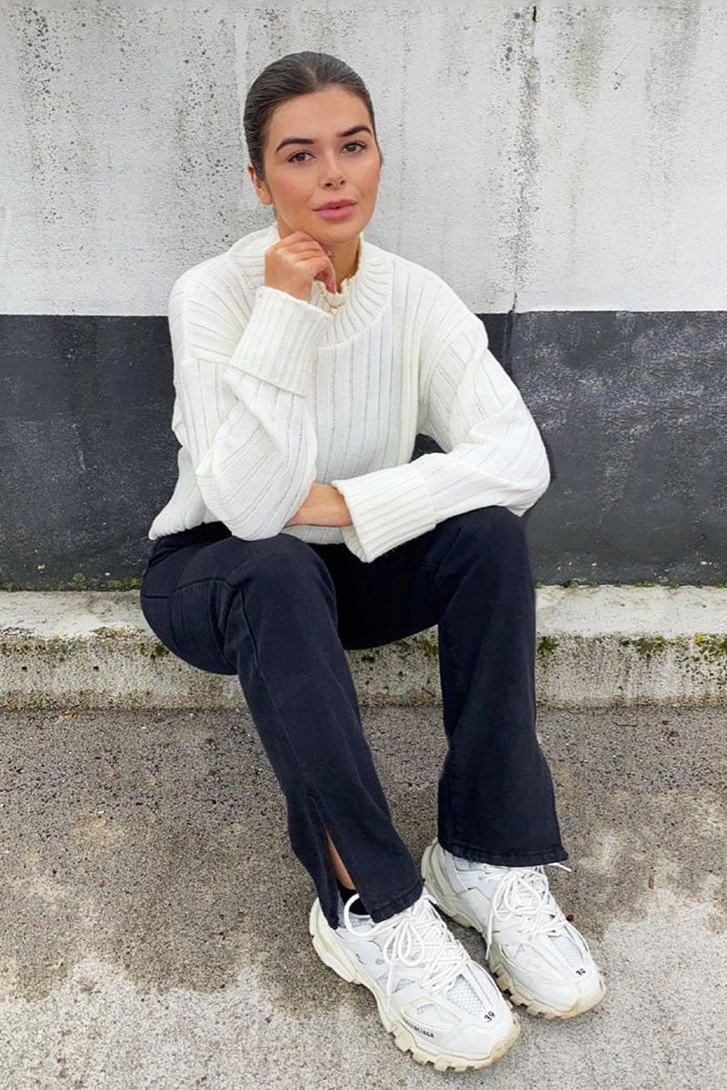 Black Denim Straight Leg Side Split Jeans - Tashi-Jeans