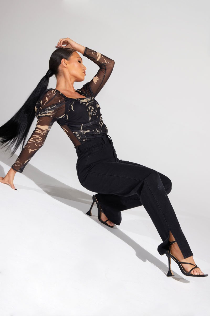 Black Denim Straight Leg Side Split Jeans - Tashi-Jeans