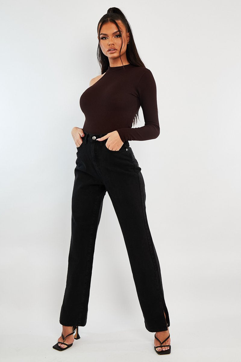 Black Denim Straight Leg Side Split Jeans - Tashi-Jeans