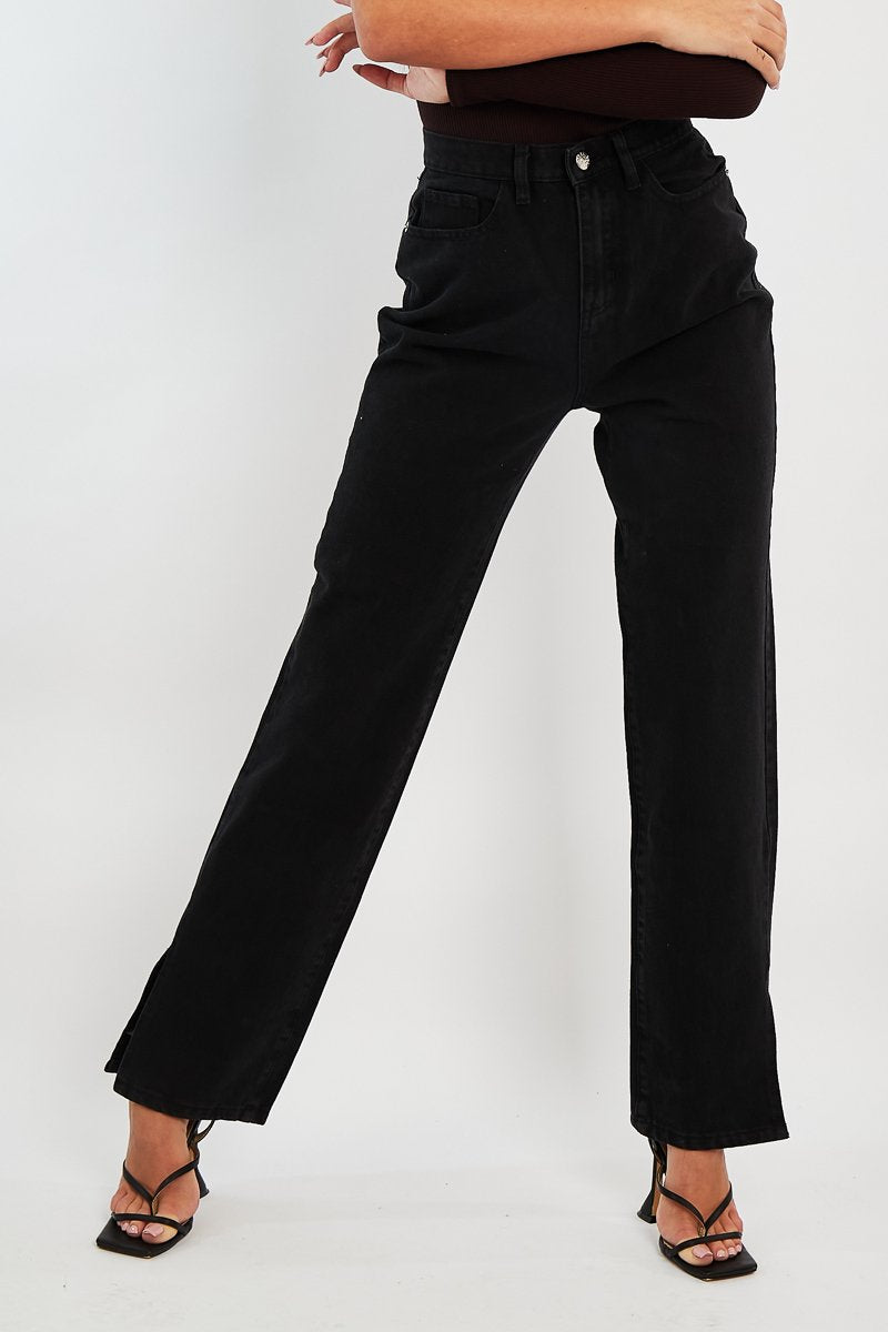 Black Denim Straight Leg Side Split Jeans - Tashi-Jeans