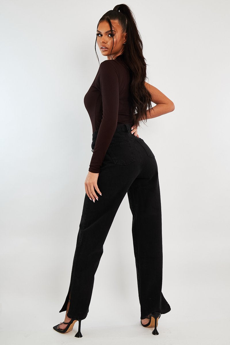 Black Denim Straight Leg Side Split Jeans - Tashi-Jeans