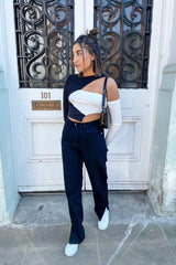 Black Denim Straight Leg Side Split Jeans - Tashi-Jeans