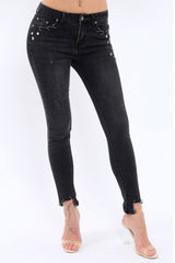 Black Denim Stud And Eyelet Ring Jeans - Lesha-Jeans