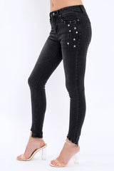 Black Denim Stud And Eyelet Ring Jeans - Lesha-Jeans