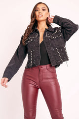 Black Denim Studded Cropped Jacket - Gwenna-Jackets