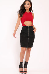 Black Denim Zip Front Long Line Skirt - Lorali-Skirts