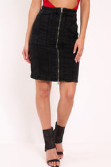 Black Denim Zip Front Long Line Skirt - Lorali-Skirts