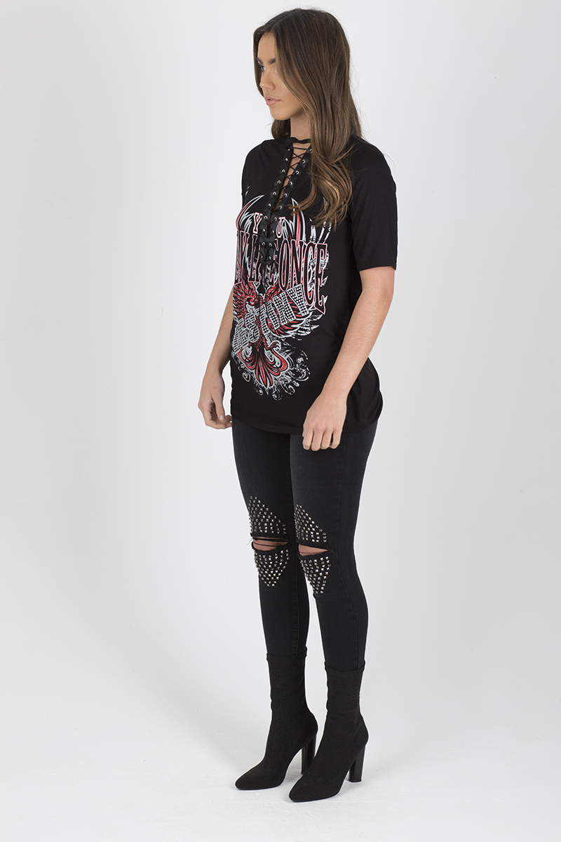 Black Destiny Graphic Print Lace Up T Shirt - Ollie-T-shirt