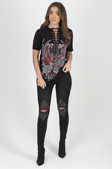 Black Destiny Graphic Print Lace Up T Shirt - Ollie-T-shirt