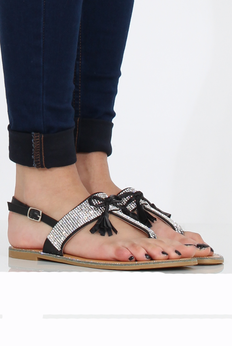 Black Diamante Bow Detail Sandals- Tereza-Sandals