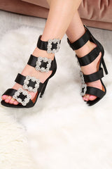 Black Diamante Brooch Satin Heels - Rosabelle-Heels