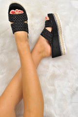 Black Diamante Double Strap Flatform Sandals - Thang-Sandals