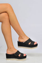 Black Diamante Double Strap Flatform Sandals - Thang-Sandals