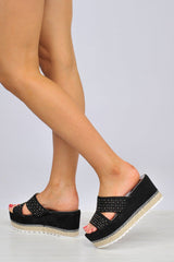 Black Diamante Double Strap Flatform Sandals - Thang-Sandals