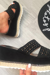 Black Diamante Double Strap Flatform Sandals - Thang-Sandals