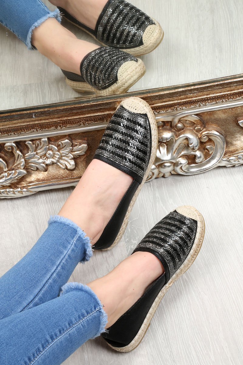Black Diamante Embellished Espadrilles - Mazie-Flats