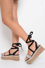 Black Diamante Embellished Lace Up Wedges - Phillis-Wedges
