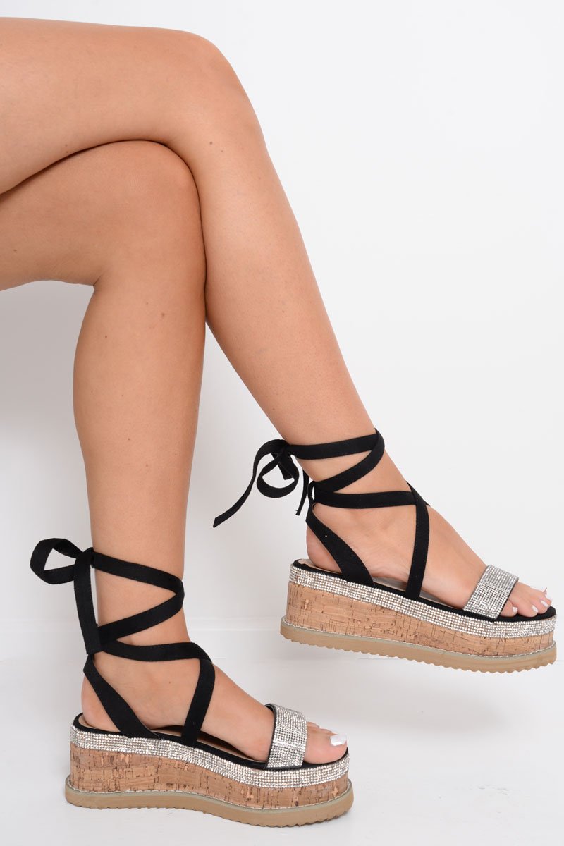 Black Diamante Embellished Lace Up Wedges - Phillis-Wedges