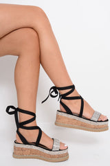 Black Diamante Embellished Lace Up Wedges - Phillis-Wedges