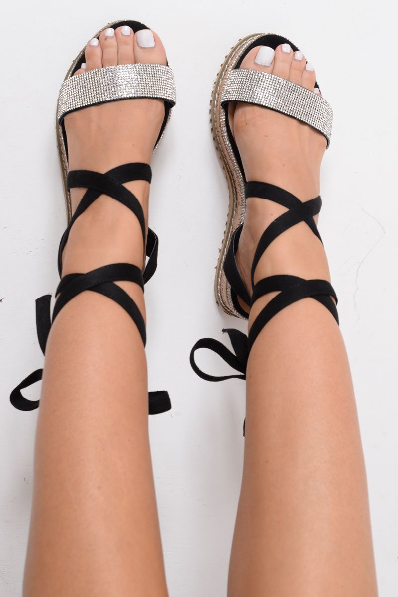Black Diamante Embellished Lace Up Wedges - Phillis-Wedges