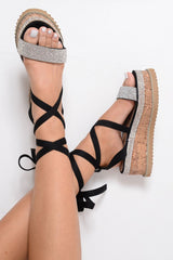 Black Diamante Embellished Lace Up Wedges - Phillis-Wedges