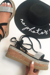 Black Diamante Embellished Lace Up Wedges - Phillis-Wedges