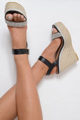 Black Diamante Embellished Wedges - Elisa-Wedges