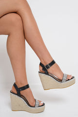 Black Diamante Embellished Wedges - Elisa-Wedges