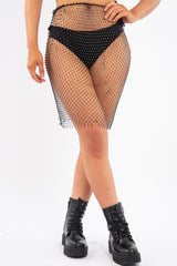 Black Diamante Fishnet Mesh Drawstring Midi Skirt - Kameryn-Skirts