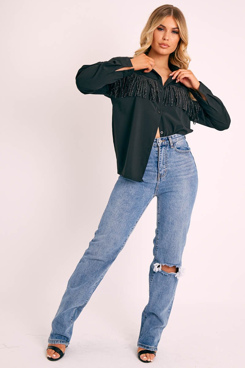 Black Diamante Fringe Shirt - Haidee-Shirts
