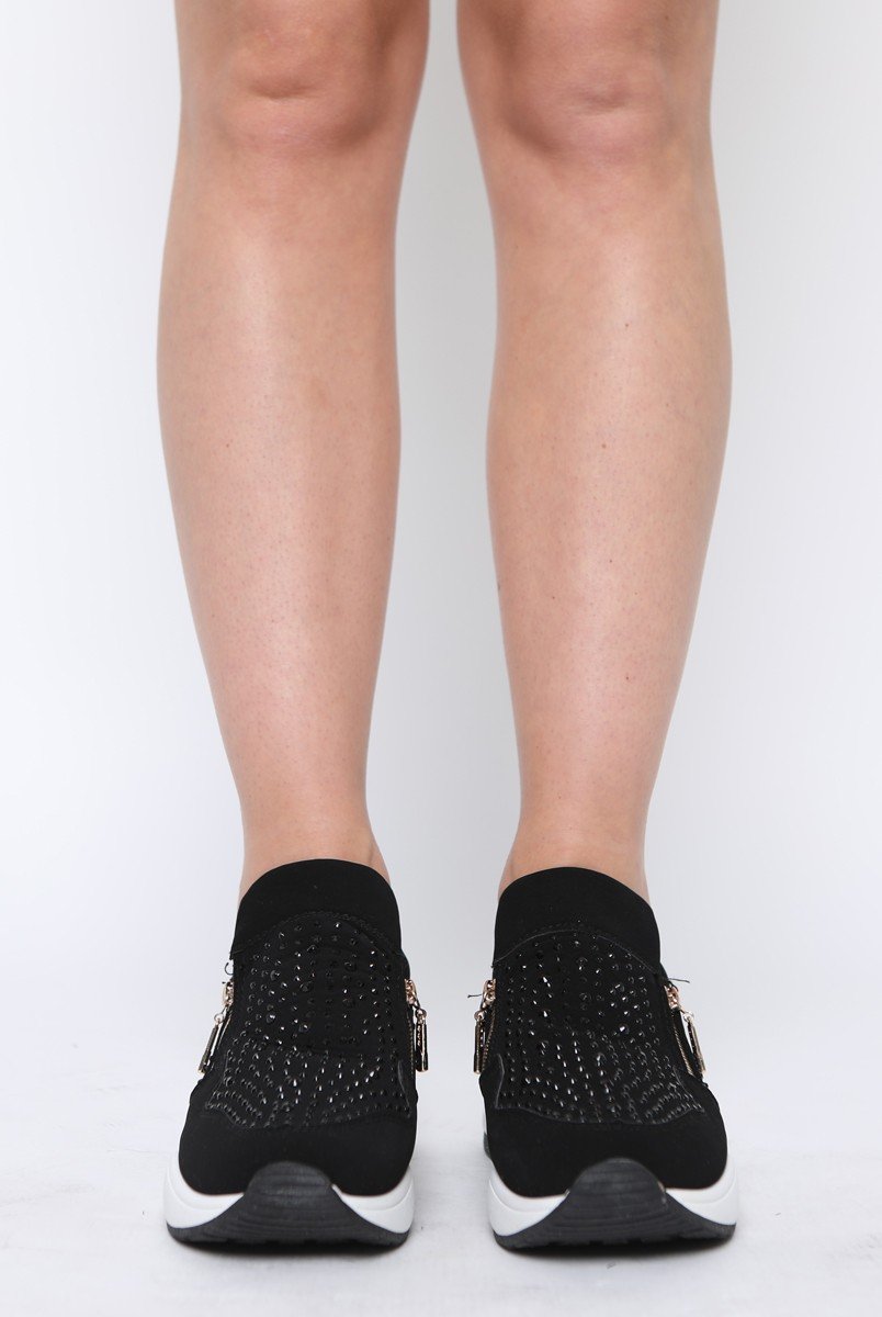 Black Diamante Platform Pumps With Zips - Consuela-Shoes