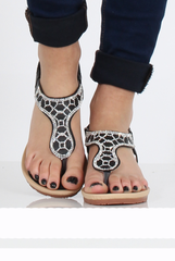 Black Diamante Sling Back Toe Bar Sandals - Mara-Sandals
