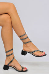 Black Diamante Spaghetti Heeled Sandals - Samanda-Sandals