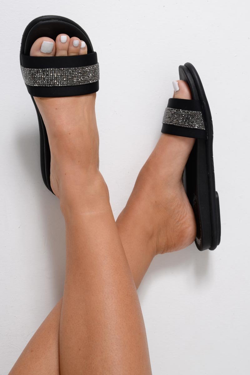 Black Diamante Strap Sliders - Kadyn-Sliders