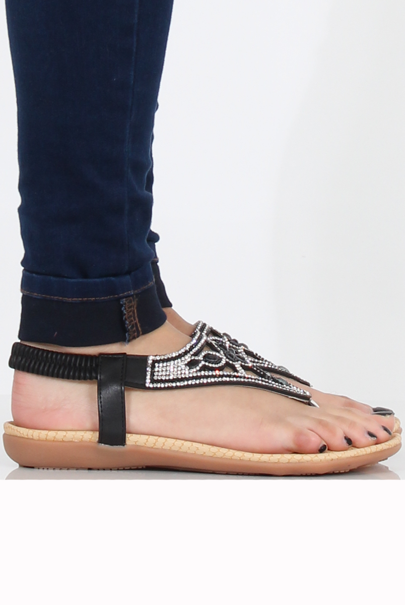 Black Diamante and Jewelled T-bar Sandals - Taliya-Sandals