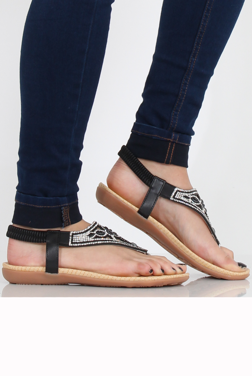 Black Diamante and Jewelled T-bar Sandals - Taliya-Sandals