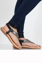 Black Diamante and Jewelled T-bar Sandals - Taliya-Sandals