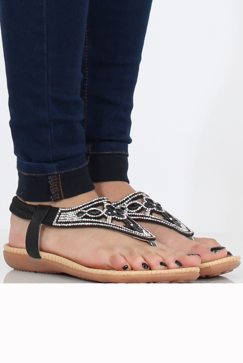 Black Diamante and Jewelled T-bar Sandals - Taliya-Sandals