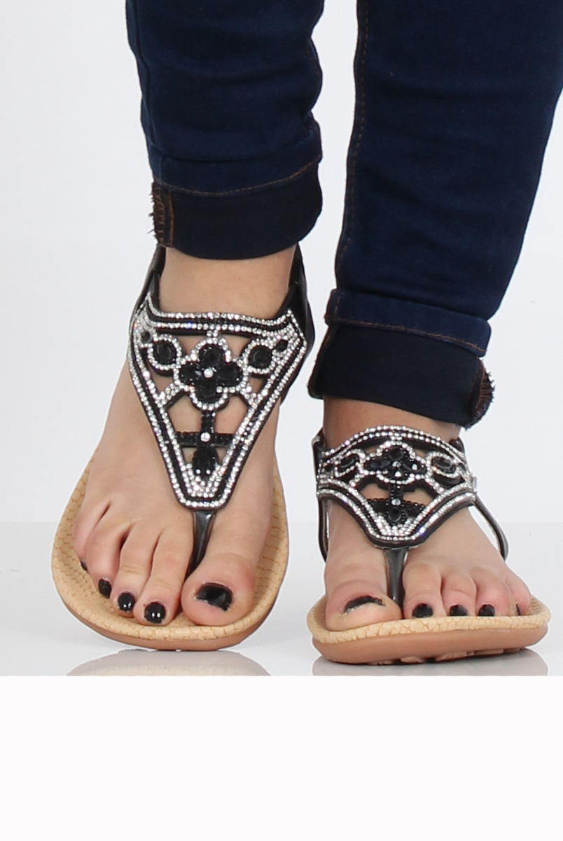 Black Diamante and Jewelled T-bar Sandals - Taliya-Sandals