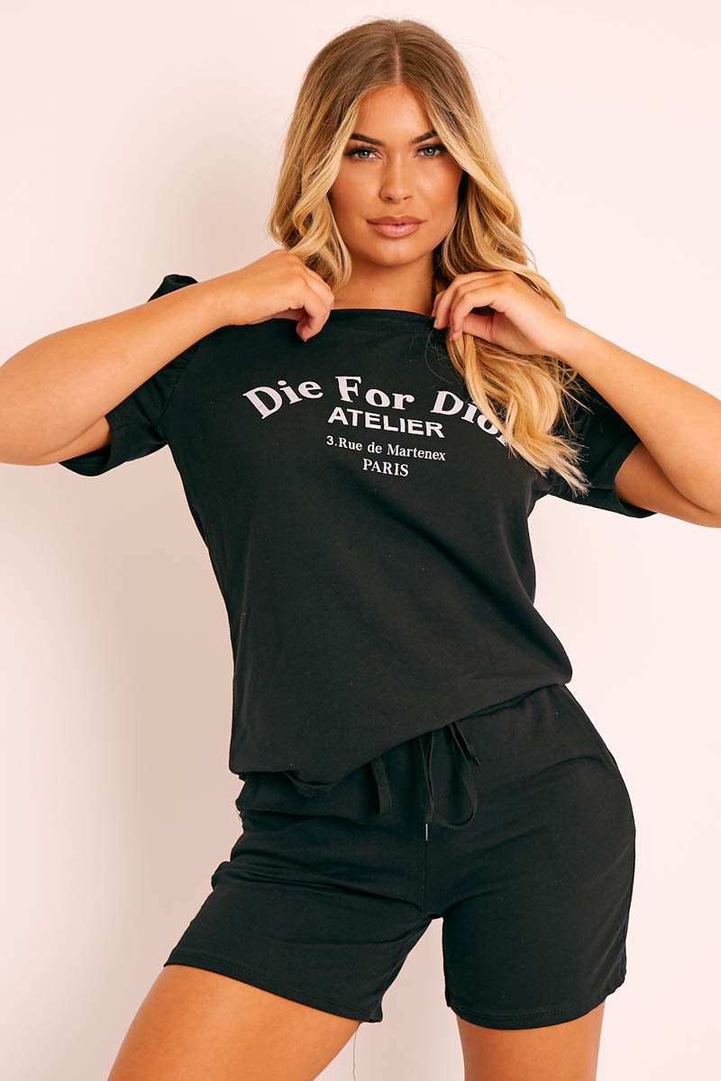 Black Die For Dior T-shirt and Shorts Loungewear Co-ord - Kaelie-Co-ords