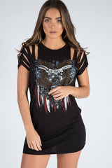 Black Distressed America Love Angel Graphic T-Shirt Dress - Skyler-Dresses